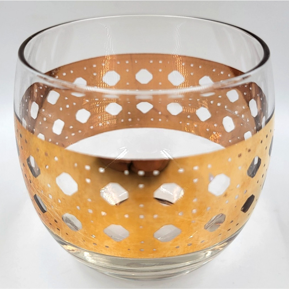 Culver Mid Century Gold Band Roly Poly Whiskey Glass Diamond Cut 1950s Barware